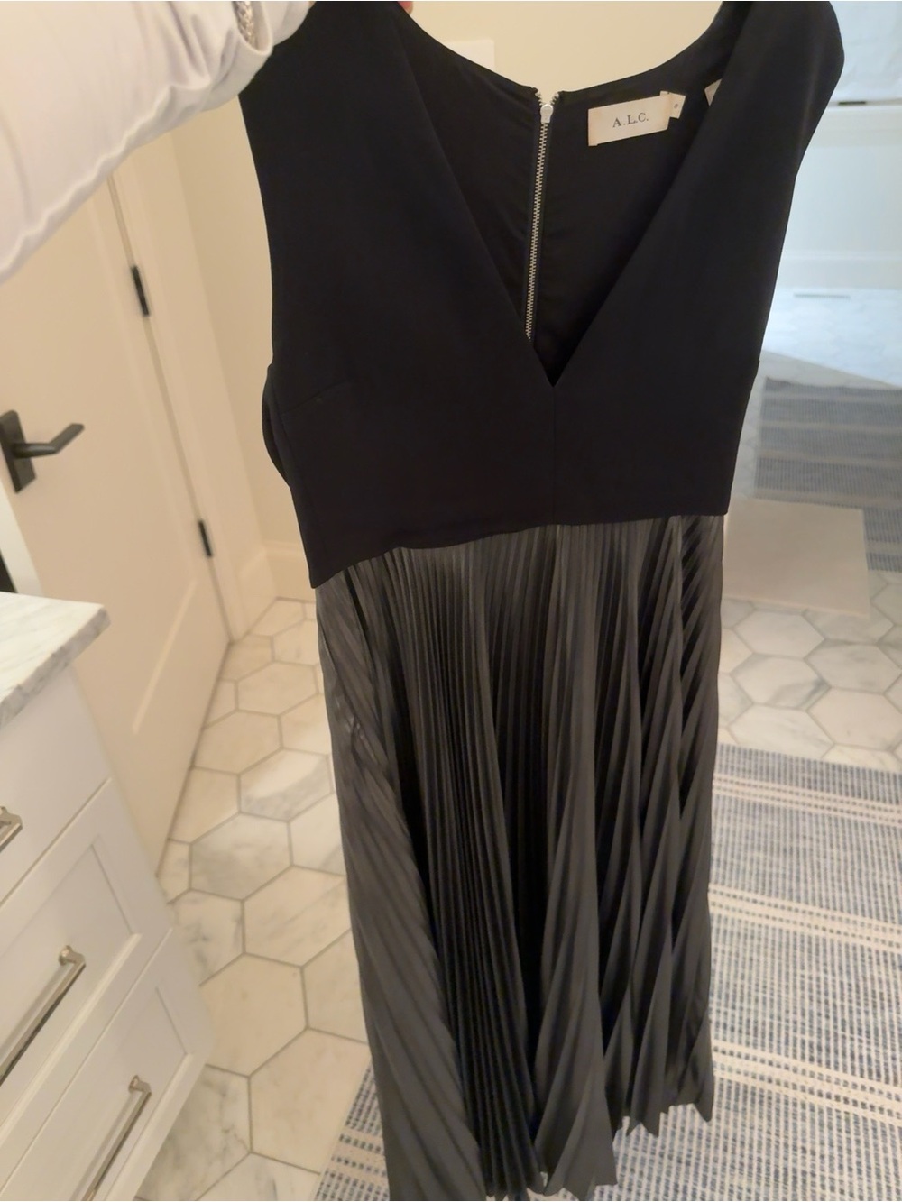 A.L.C. Black V-Neck Pleated Dress with Metallic Gray Skirt